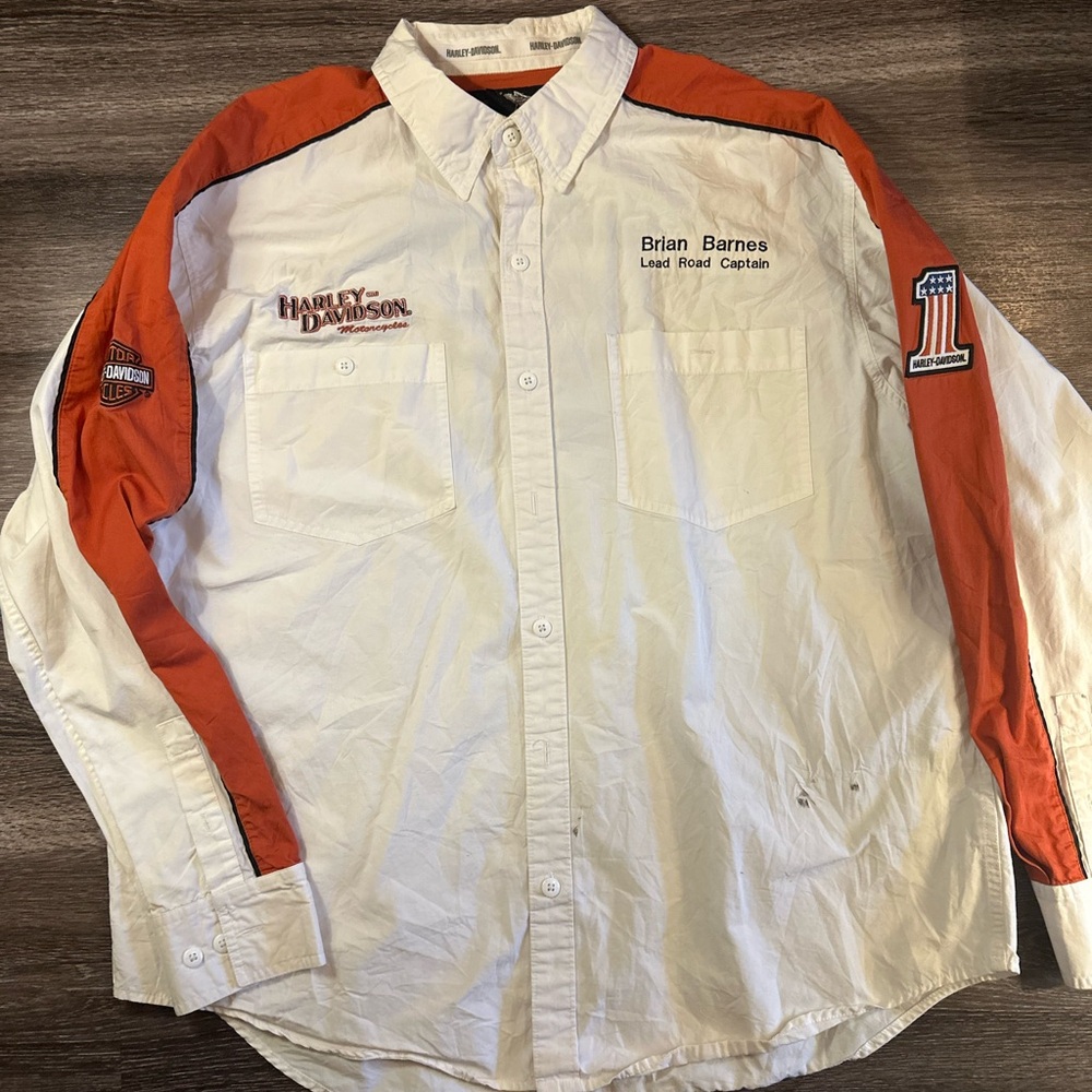 Harley-Davidson White and Orange Long-Sleeve Button-Down Shirt Sz XL
